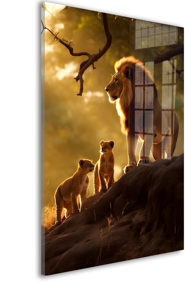 Glasschilderij Koning van morgen - 90 x 60 cm - Leeuw - Dieren - Acrylaat - Inclusief wandbevestiging - Foto op plexiglas - Wanddecoratie woonkamer – Modern – Modern