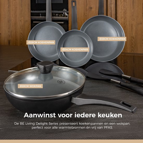 Een pannenset met koekenpannen van Ø28 cm, Ø24 cm en een wokpan van Ø28 cm met deksel.