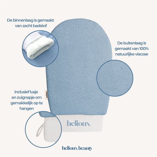 Helioux® Scrub Handschoen Blauw - Exfoliating Glove - Scrub Washand Voor Lichaam & Gezicht - Verwijderen Van Dode Huidcellen of Zelfbruiner - Blauw - Blue - Extra Large