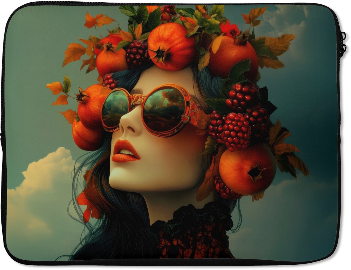 Laptophoes 15.6 inch - Vrouw - Granaatappel - Herfst - Zonnebril - Laptop sleeve - Binnenmaat 37x26 cm - Zwarte achterkant