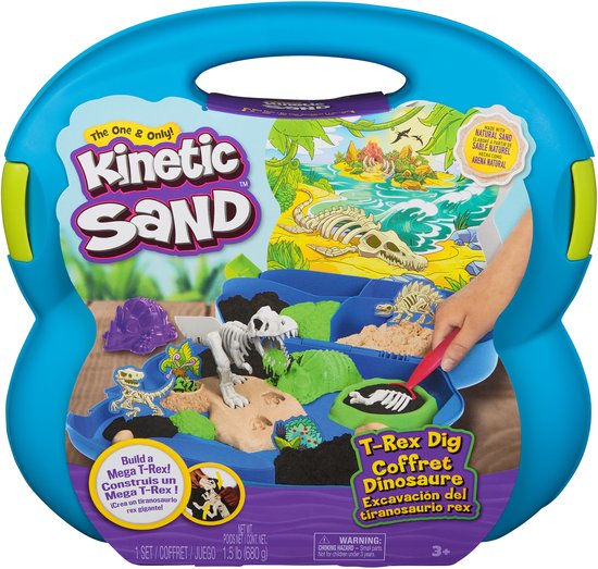 Kinetic Sand - T-Rex ontdekkingsset met 680 g speelzand, 5 multifunctionele fossielvormen en schep - in opbergdoos - Sensorisch speelgoed