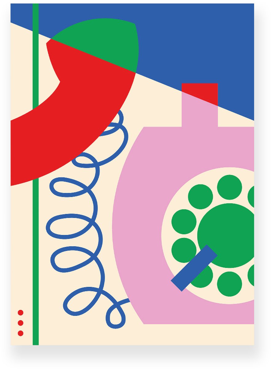 Yisual Poster 50x70 cm - Retro Telefoon - Rood - Roze - Blauw - Abstract - Vintage - Muurdecoratie - Wanddecoratie