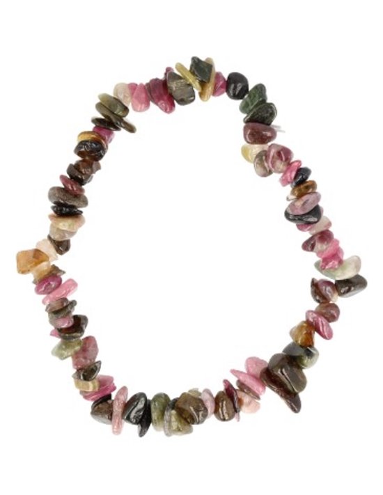 Armband van splitstenen in roze, groen, bruin en zwart.