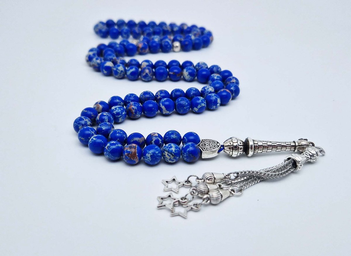 Handgemaakte tesbih "Tasbih" natuursteen " Lapis Lazuli" - Aantal kralen 99 - Diameter kralen 8MM - met metaal tassel "Kleine sterren" - Een mooi cadeau-idee