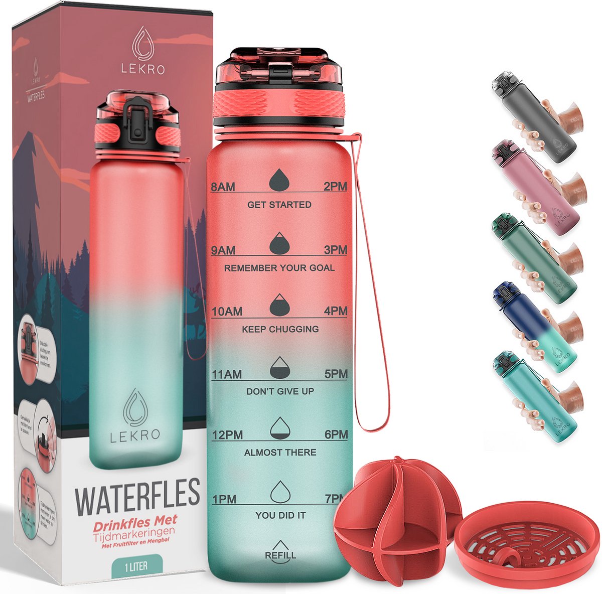 Lekro Waterfles met Tijdmarkeringen - Motiverende Drinkfles Met Fruitfilter en Shake Bal/Shaker - 1 Liter - BPA vrij - Roze/Blauw