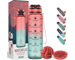 Lekro Waterfles Motivatie - Motiverende Drinkfles met Tijdmarkeringen - Drinkbus met Fruit Filter - 1 Liter - BPA vrij - Roze/Blauw