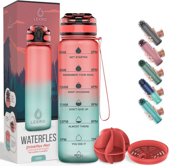 Lekro Waterfles Motivatie - Motiverende Drinkfles met Tijdmarkeringen - Drinkbus met Fruit Filter - 1 Liter - BPA vrij - Roze/Blauw