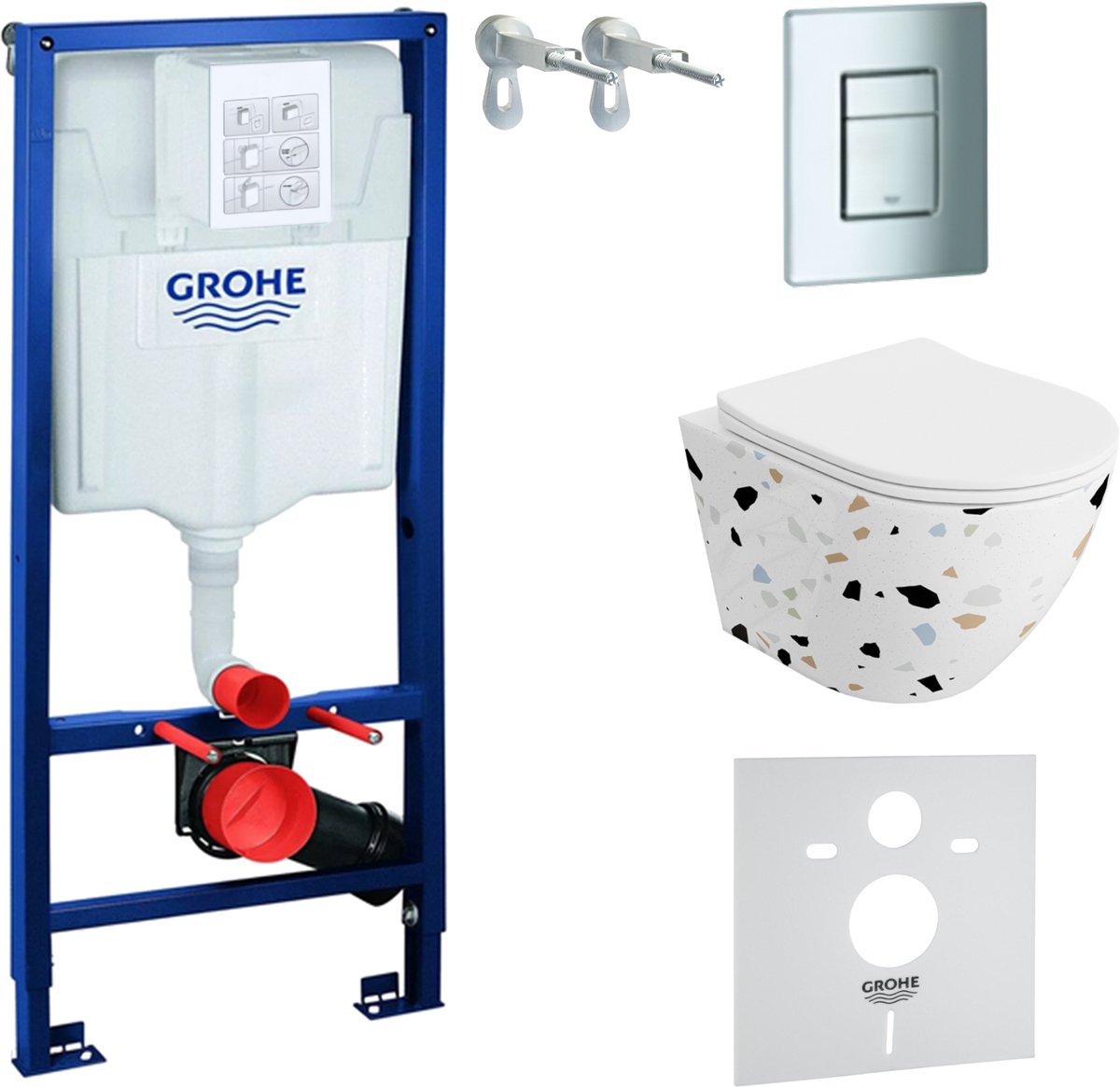 Inbouwreservoir Complete Toiletset Grohe Solido 39069000 - Inbouw WC Hangtoilet Wandcloset Sofi Slim Stone - Bedieningsplaat EVEN 4in1 Chroom - Voorwandelement - Installatiesysteem