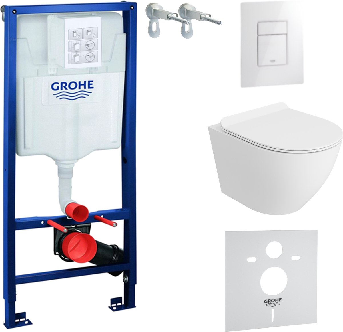 Inbouwreservoir Complete Toiletset Grohe Solido 39069000 - Inbouw WC Hangtoilet Wandcloset Sofi Slim White Mat - Bedieningsplaat EVEN 3in1 Wit Hoogglans - Voorwandelement - Installatiesysteem