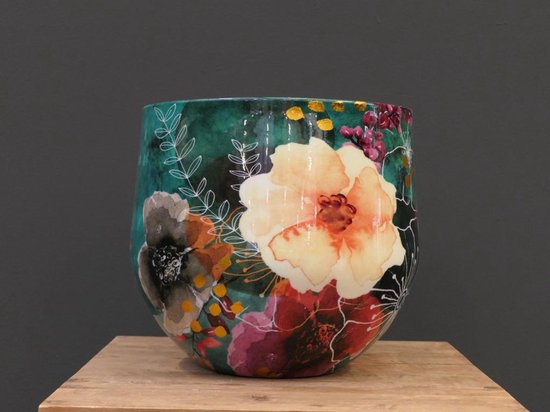 TS Collection pot de fleurs métal fleuri 28x25cm émeraude