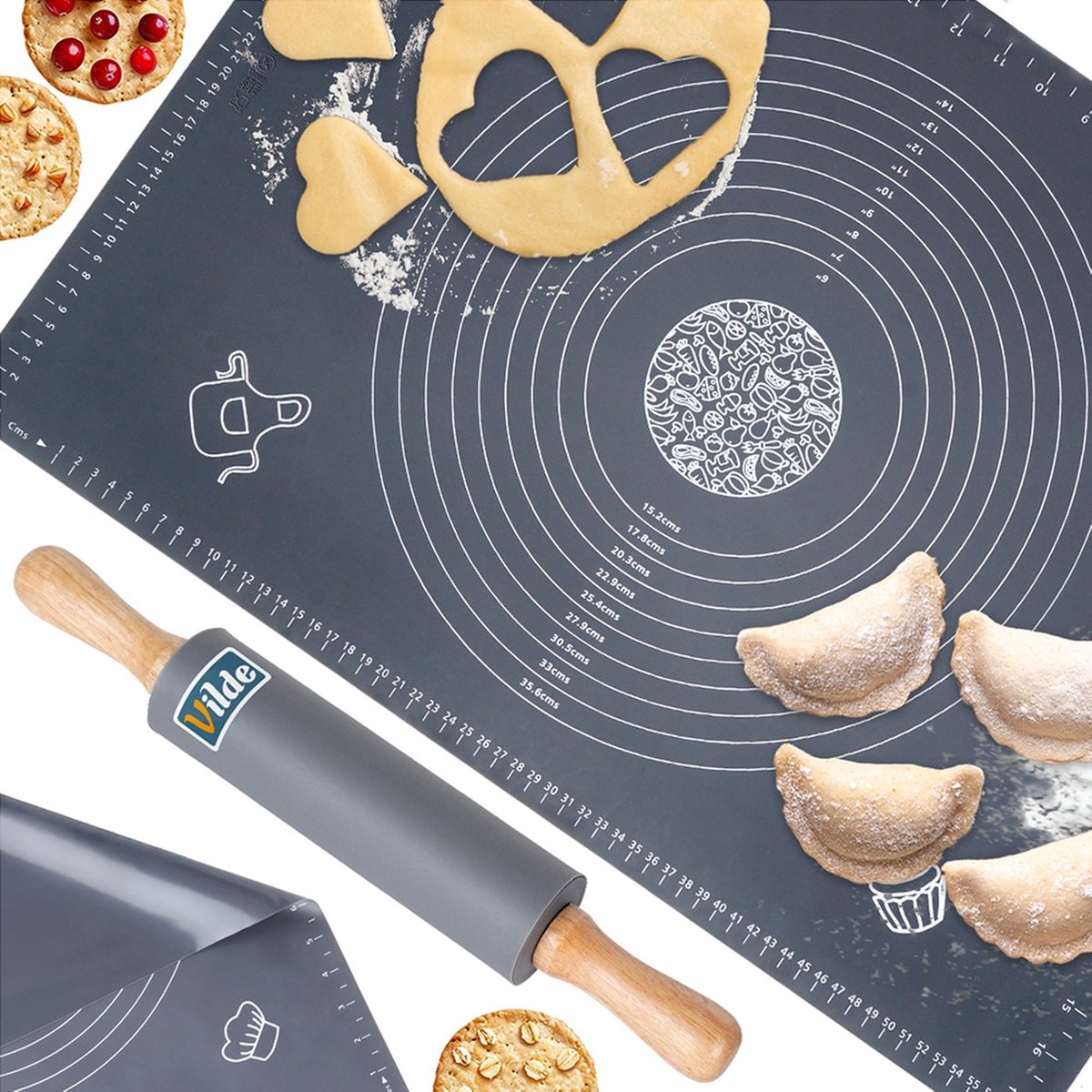 Deegmat en Deegroller Silicone 64x45 cm 2 delig - Bakmat - Ovenmat - Koken - Bakken - Bakplaat