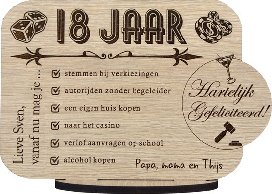 18 JAAR - houten wenskaart - kaart van hout - verjaardagskaart - gefeliciteerd - volwassen - gepersonaliseerd met naam - 17.5 x 25 cm