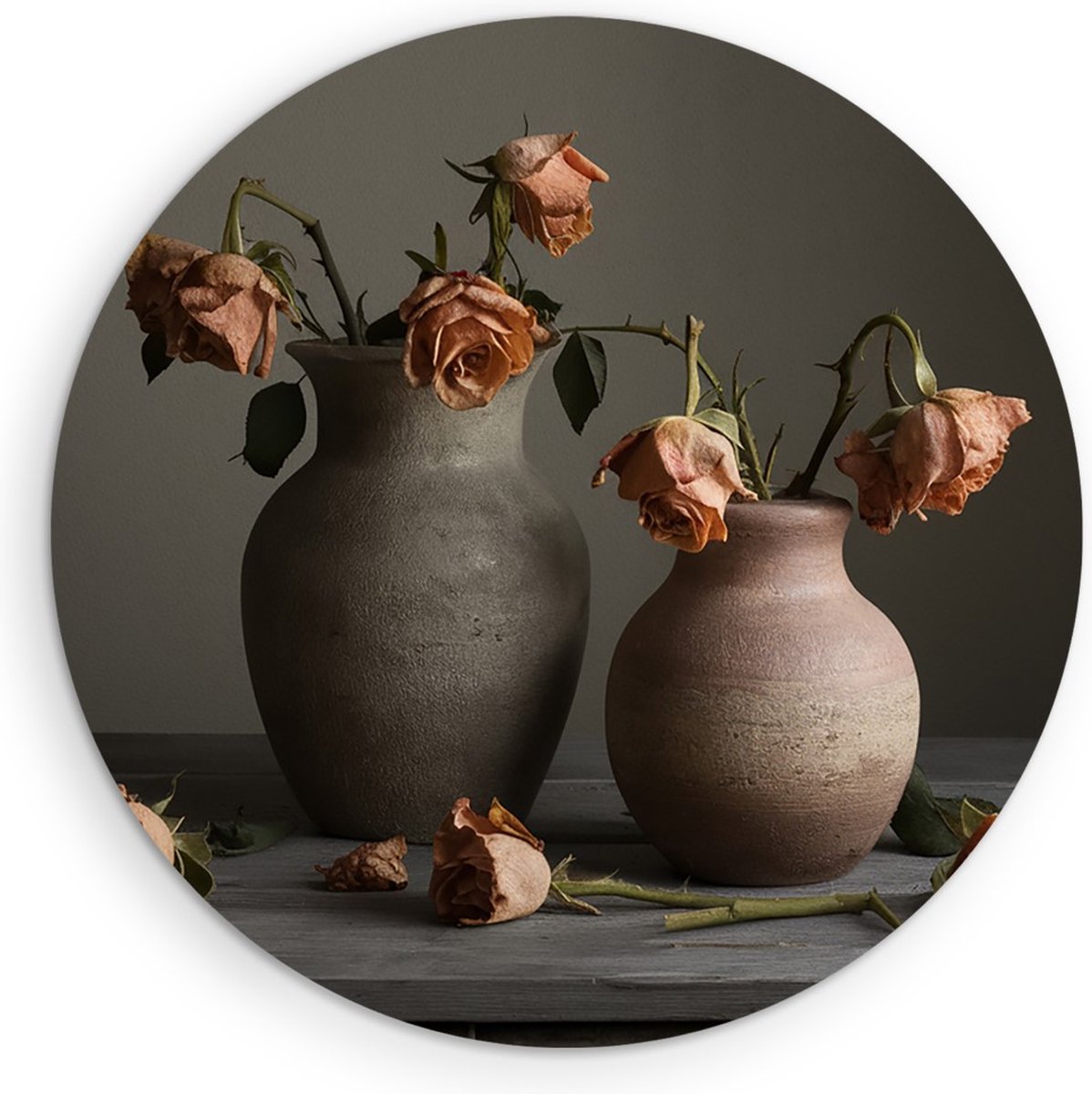 Saammp Forex Muurcirkel - Oude Bloemen in een vaas - Natuur - Ø 70 - Wandcirkel - Wanddecoratie Cirkel - Muurdecoratie Woonkamer - Kantoor Decoratie
