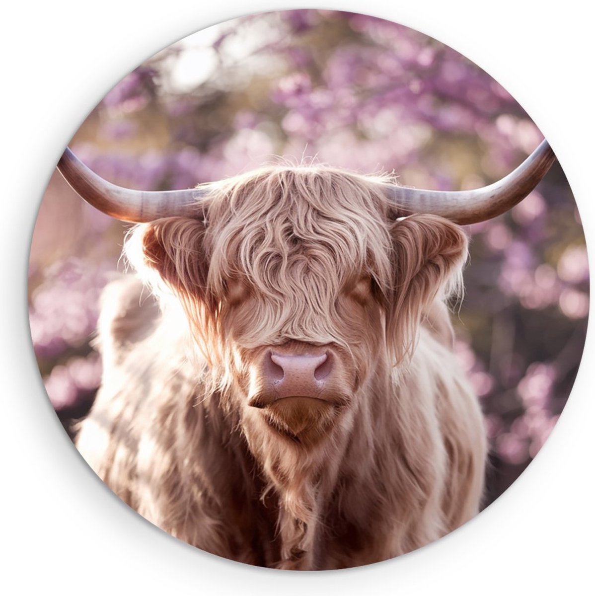 Saammp Forex Muurcirkel - Schotse Hooglander Koeien met bevroren Hoorns - Winter - Landschap - Dieren - Natuur - Ø 60 - Wandcirkel - Wanddecoratie Cirkel - muurdecoratie Woonkamer - Slaapkamer decoratie - Rond Schilderij