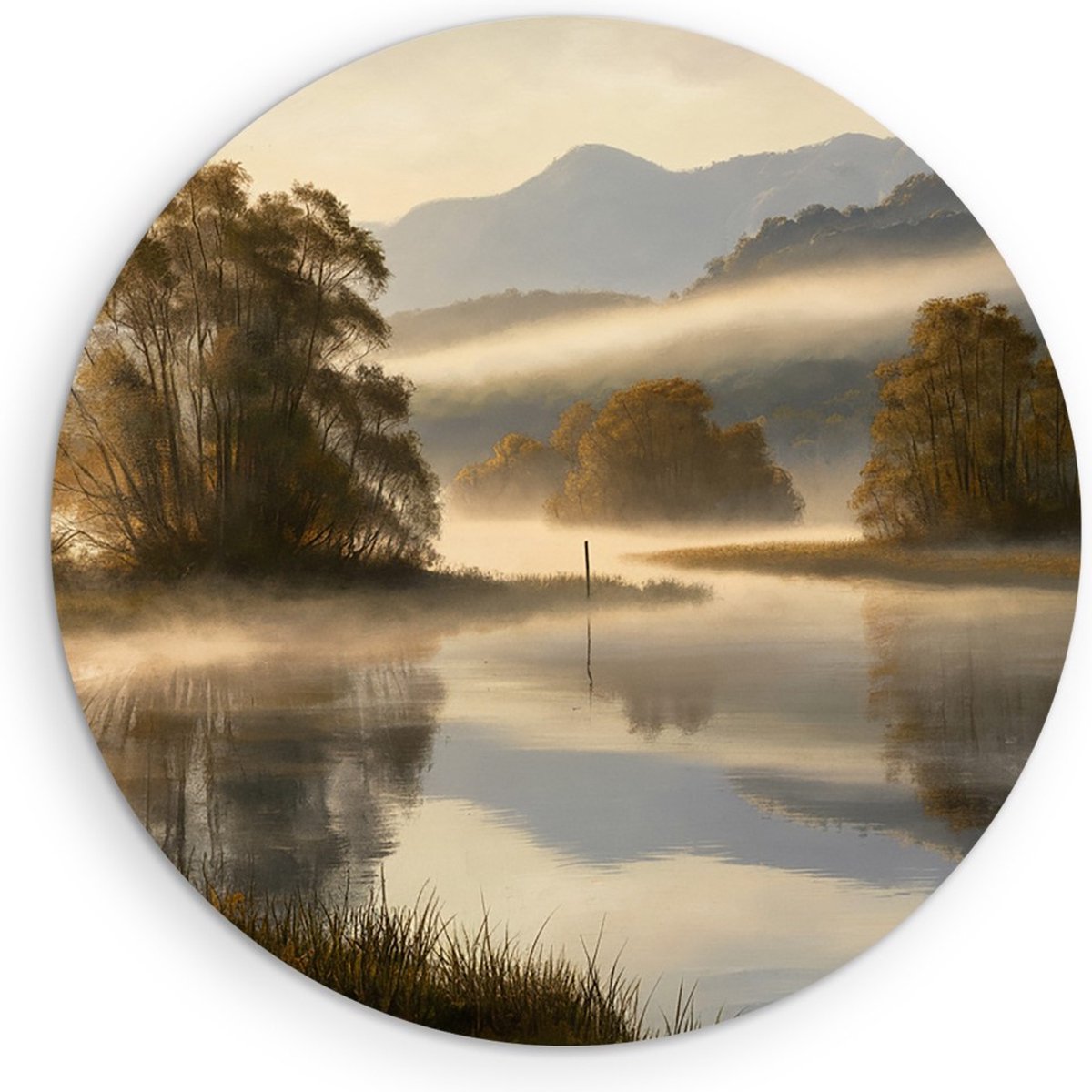 Saammp Muurcirkel Hout -Mistig Landschap - Bergen - Natuur - Ø 30 - Wandcirkel - Wanddecoratie Cirkel - Muurdecoratie Woonkamer - Slaapkamer decoratie - Rond Schilderij