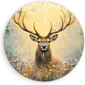 Saammp Cercle Mural Bois - Cerf abstrait parmi les fleurs - Nature - Animaux - Ø 60 - Cercle Mural - Décoration murale Cercle - Décoration murale Salon - Décoration Chambre - Tableau Rond
