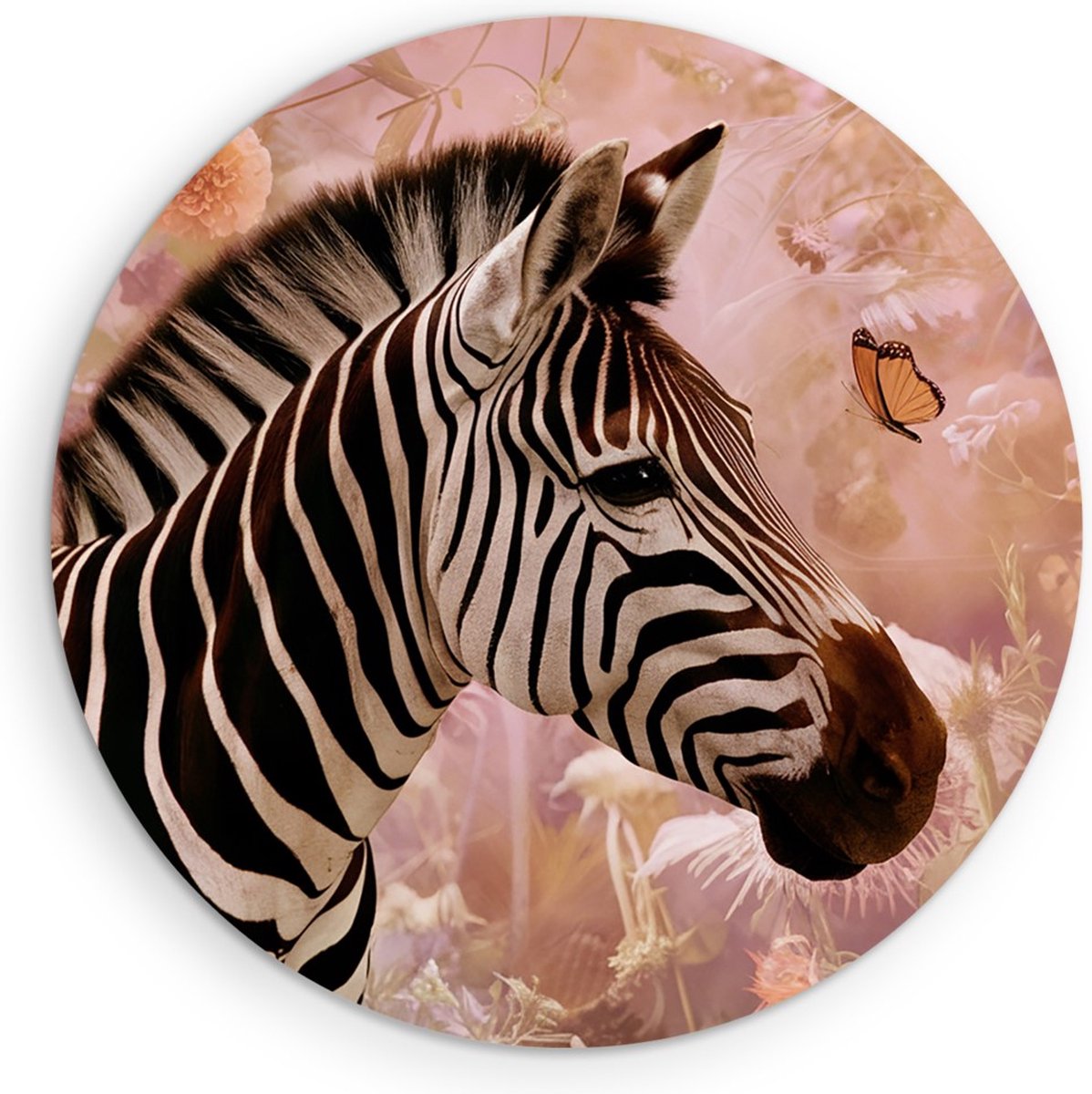 Saammp Forex Muurcirkel - Zebra tussen de bloemen - Vlinder - Natuur - Dieren - Ø 70 - Wandcirkel - Wanddecoratie Cirkel - Muurdecoratie Woonkamer - Slaapkamer decoratie - Rond Schilderij