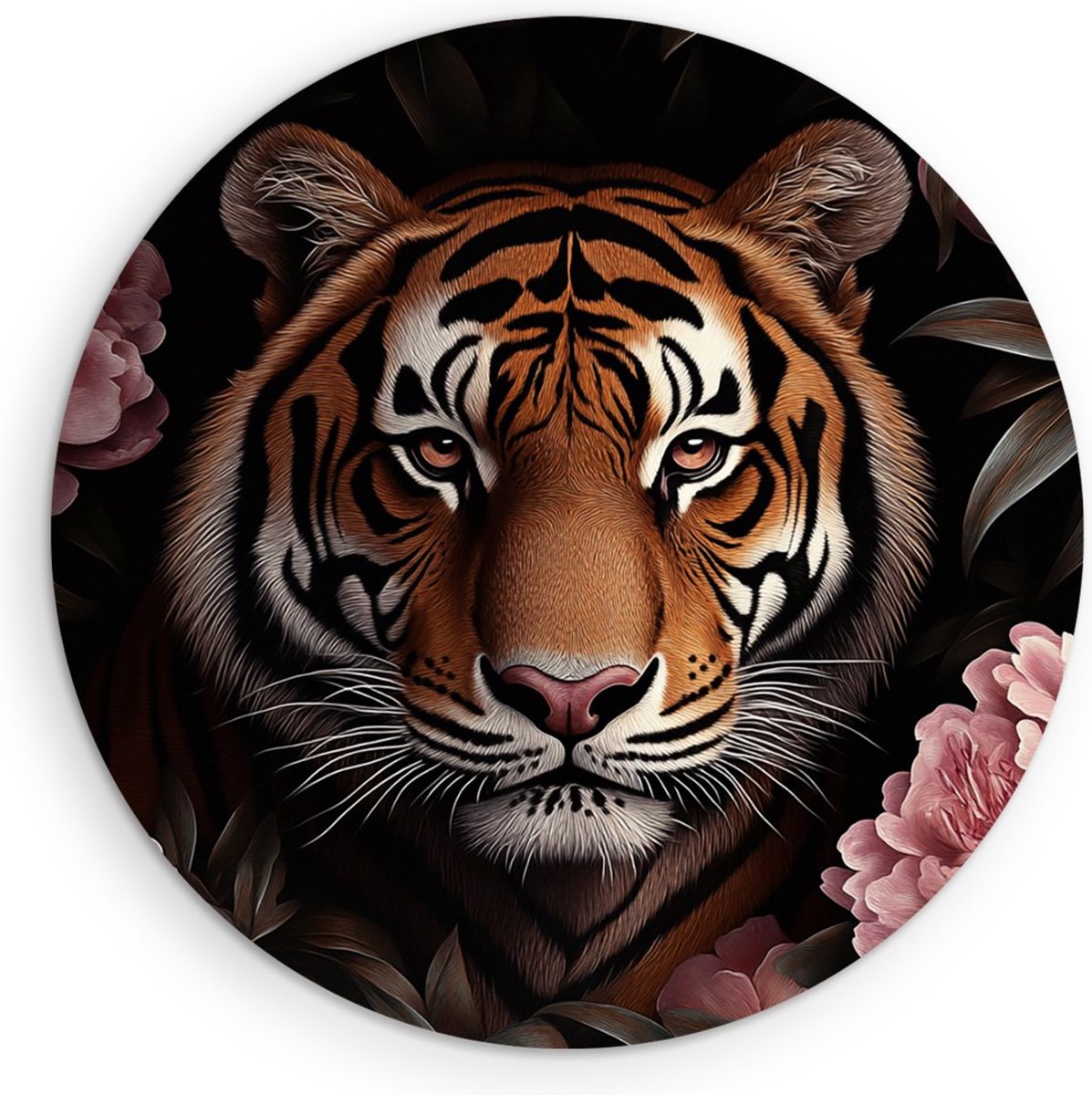 Saammp Forex Muurcirkel - Natuur - Tijger tussen de roze bloemen - landschap - Ø 60 - Wandcirkel - Wanddecoratie Cirkel - Muurdecoratie Woonkamer - Slaapkamer decoratie - Rond Schilderij