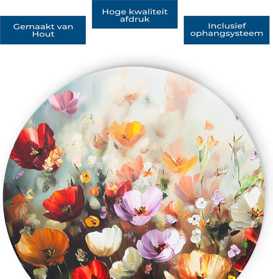 Saammp Muurcirkel Hout - Kleurrijk Bloemenveld Schilderij - Abstract - Natuur - Ø 30 - Wandcirkel - Wanddecoratie Cirkel - Modern Interieur - Woonkamer Decoratie