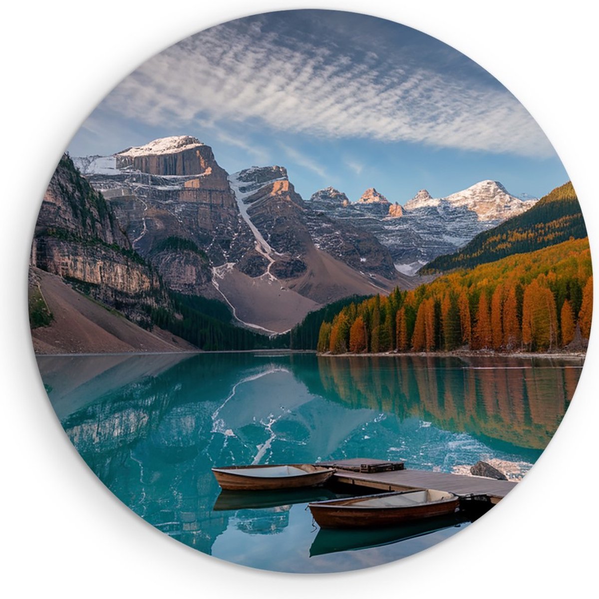 Saammp Muurcirkel Hout - Boten tussen de bergen - Landschap - Natuur - Ø 60 - Wandcirkel - Wanddecoratie Cirkel - Muurdecoratie Woonkamer - Slaapkamer decoratie - Rond Schilderij