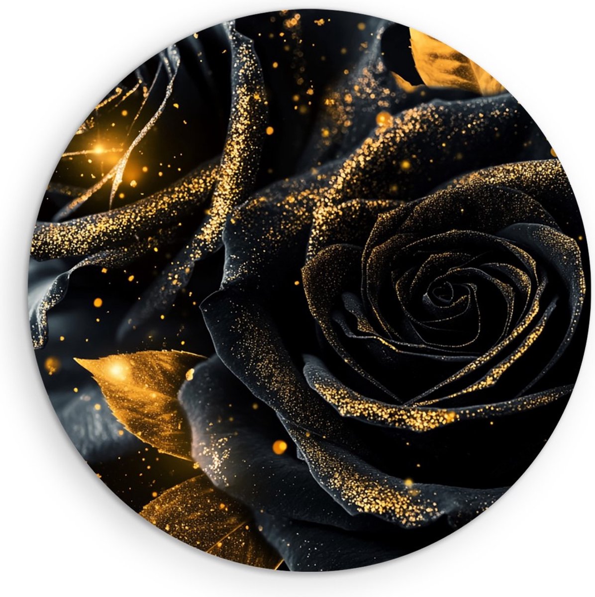 Saammp Forex Muurcirkel - Zwarte en Gouden Rozen - Bloemen - Ø 50 - Wandcirkel - Wanddecoratie Cirkel - Muurdecoratie Woonkamer - Kantoor Decoratie