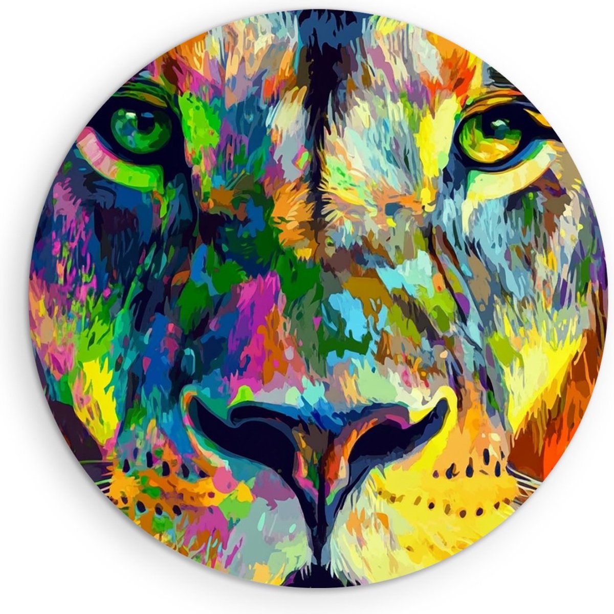 Saammp Forex Muurcirkel - Leeuw met kleurrijke verfspetters - Dieren - Abstract - Ø 90 - Wandcirkel - Wanddecoratie Cirkel - Muurdecoratie Woonkamer - Slaapkamer decoratie - Rond Schilderij