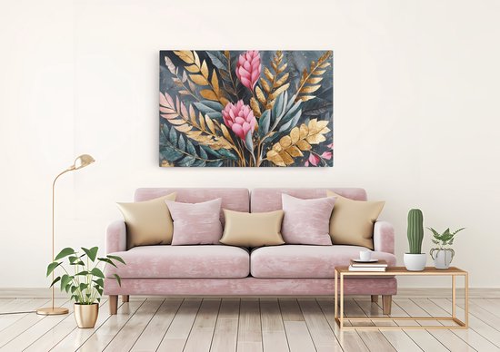 Saammp Canvas Schilderij - Grote roze bloemen en gouden bladeren - Modern - 100x75 - Foto op canvas - Wanddecoratie - Muurdecoratie Woonkamer - Kantoor Decoratie