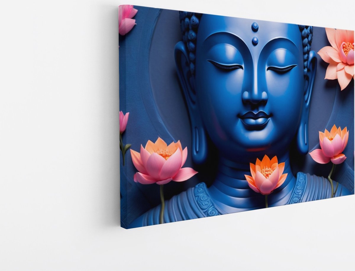 Saammp Canvas Schilderij - Boeddha met roze bloemen - 100x75 - Foto op canvas - Wanddecoratie - Muurdecoratie Woonkamer Multicolor