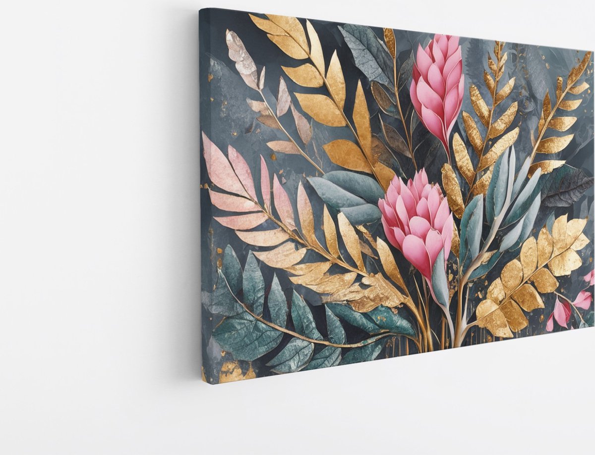 Saammp Canvas Schilderij - Grote roze bloemen en gouden bladeren - Modern - 45x30 - Foto op canvas - Wanddecoratie - Muurdecoratie Woonkamer - Kantoor Decoratie Multicolor