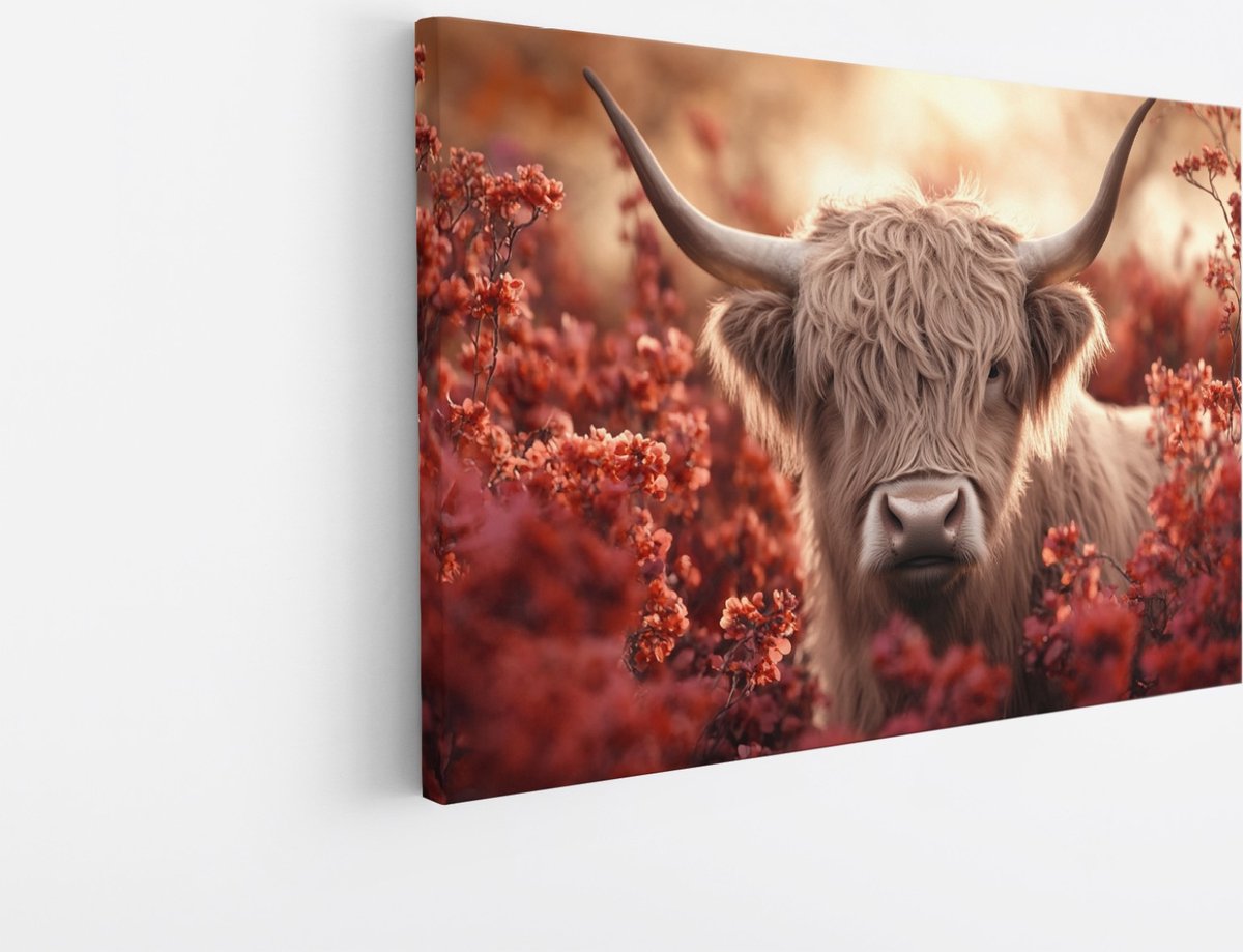 Saammp Canvas Schilderij - Schotse Hooglander Koe tussen de rode bloemen - Dieren - Natuur - 45x30 - Foto op canvas - Wanddecoratie - muurdecoratie Woonkamer - Slaapkamer decoratie - Canvas Print Multicolor