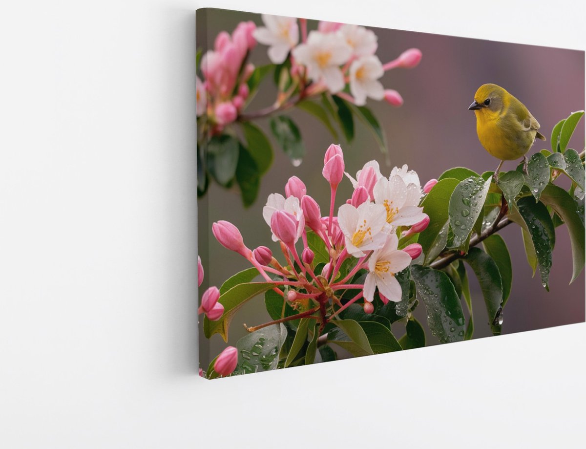 Saammp Canvas Schilderij - Vogel met Bloesem - Dieren - Natuur - 50x40 - Foto op canvas - Wanddecoratie - Muurdecoratie Woonkamer - Kantoor Decoratie Multicolor