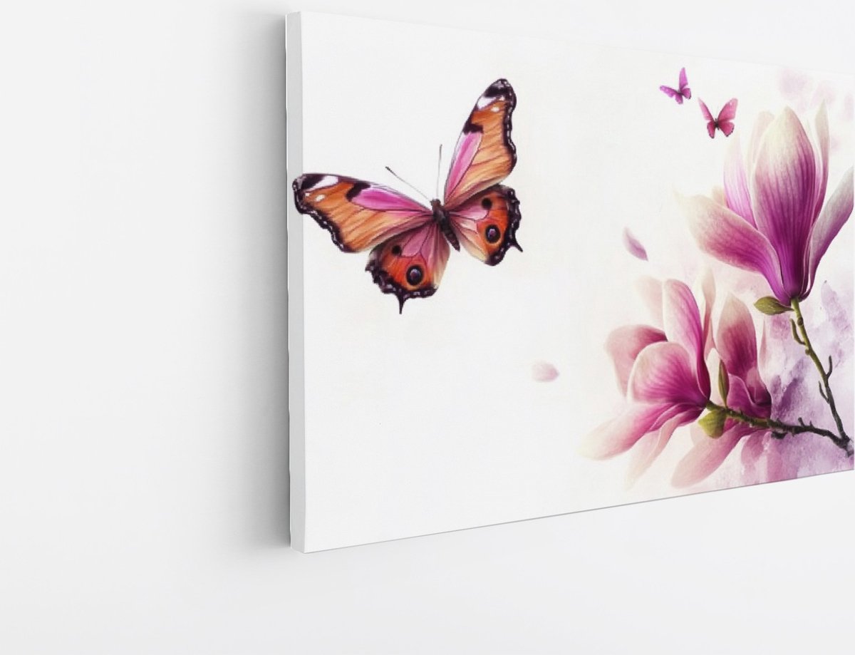 Saammp Canvas Schilderij - vlinders bij roze bloemen - Natuur - 90x60 - Foto op canvas - Wanddecoratie - Muurdecoratie Woonkamer - Slaapkamer decoratie - Canvas Print Multicolor