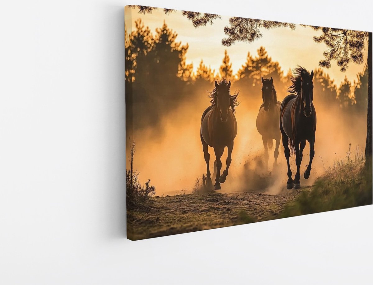 Saammp Canvas Schilderij - Rennende Paarden in het zand - Natuur - Dieren - 150x100 - Foto op canvas - Wanddecoratie - Muurdecoratie Woonkamer - Slaapkamer decoratie - Canvas Print Multicolor