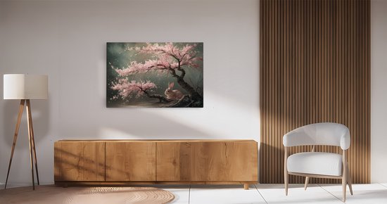 Saammp Canvas Schilderij - Haas bij roze boom - Landschap - Natuur - 150x100 - Foto op canvas - Wanddecoratie - Muurdecoratie Woonkamer - Slaapkamer decoratie - Canvas Print