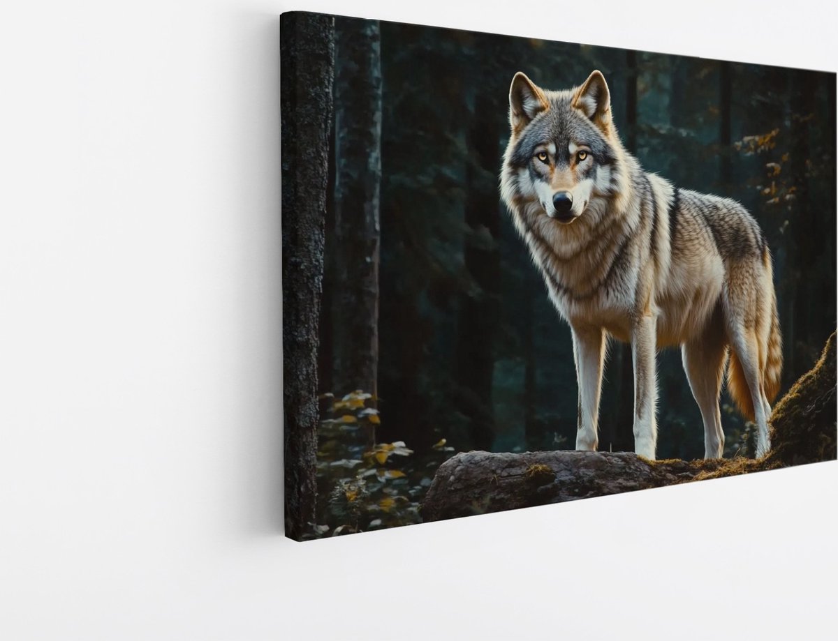 Saammp Canvas Schilderij - Wolf op steen - Dieren - Natuur - 45x30 - Foto op canvas - Wanddecoratie - muurdecoratie Woonkamer - Slaapkamer decoratie - Canvas Print Multicolor