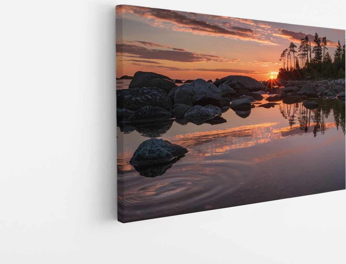 Saammp Canvas Schilderij - Zonsondergang - Stenen - Bomen - Landschap - Natuur - 45x30 - Foto op canvas - Wanddecoratie - Muurdecoratie Woonkamer - Slaapkamer decoratie - Canvas Print Multicolor
