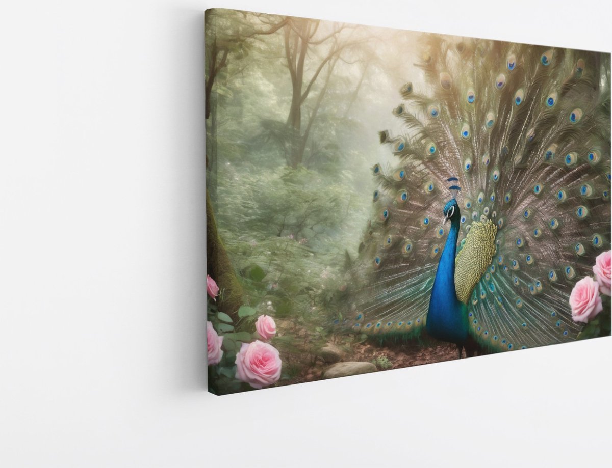 Saammp Canvas Schilderij - Pauw - Portret - Natuur - Dieren - 90x60 - Foto op canvas - Wanddecoratie - Muurdecoratie Woonkamer - Slaapkamer decoratie - Canvas Print Multicolor