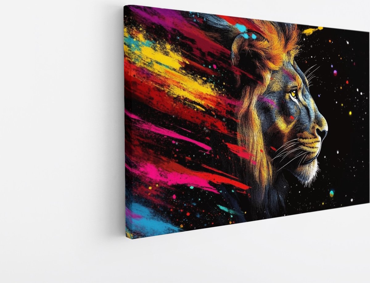 Saammp Canvas Schilderij - Leeuw met verfspetters - Dieren - Abstract - 90x60 - Foto op canvas - Wanddecoratie - Muurdecoratie Woonkamer - Slaapkamer decoratie - Canvas Print Multicolor