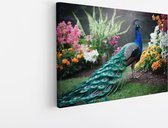 Saammp Canvas Schilderij - Pauw in bloementuin - Dieren - Natuur - 60x40 - Foto op canvas - Wanddecoratie - muurdecoratie Woonkamer - Slaapkamer decoratie - Canvas Print