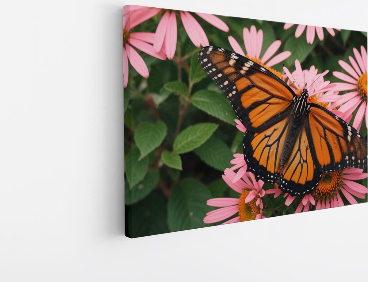 Saammp Canvas Schilderij -Vlinder bij roze bloemen - Dieren - Natuur - 60x40 - Foto op canvas - Wanddecoratie - muurdecoratie Woonkamer - Slaapkamer decoratie - Canvas Print Multicolor