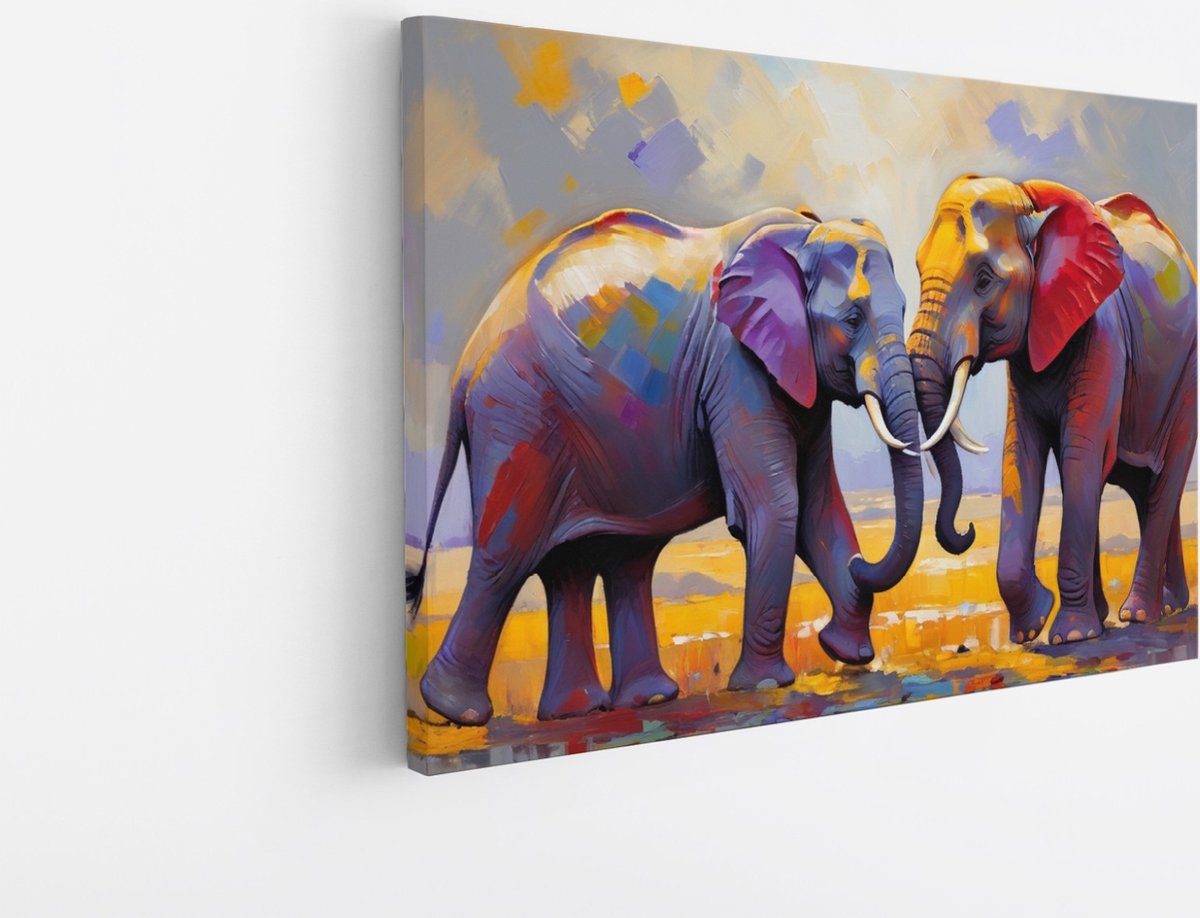 Saammp Canvas Schilderij - 2 Olifanten - Kleurrijk - Dieren - 150x100 - Foto op canvas - Wanddecoratie - Muurdecoratie Woonkamer - Slaapkamer decoratie - Canvas Print Multicolor