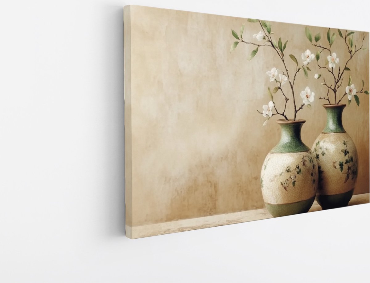 Saammp Canvas Schilderij - Witte Bloemen in vaas - Stilleven - Natuur - Abstract - 90x60 - Foto op canvas - Wanddecoratie - Muurdecoratie Woonkamer - Kantoor Decoratie Multicolor