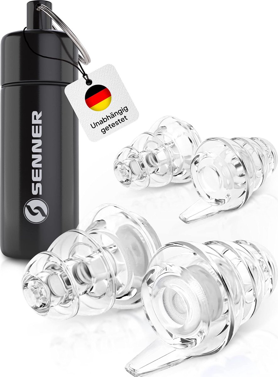 Senner ® MusicPro Oordoppen | Gehoorbescherming voor Concerten, Muziek, Disco, Festivals - Extra Zachte Oordopjes voor Volwassenen, Transparant - met Aluminium Houder - muziek oortjes - (Hoge zwarte Doos transparant Filter)