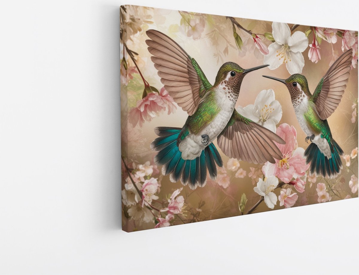 Saammp Canvas Schilderij - 2 Kolibries tussen de bloemen - Dieren - Bloemen - 70x50 - Foto op canvas - Wanddecoratie - muurdecoratie Woonkamer - Slaapkamer decoratie - Canvas Print Multicolor