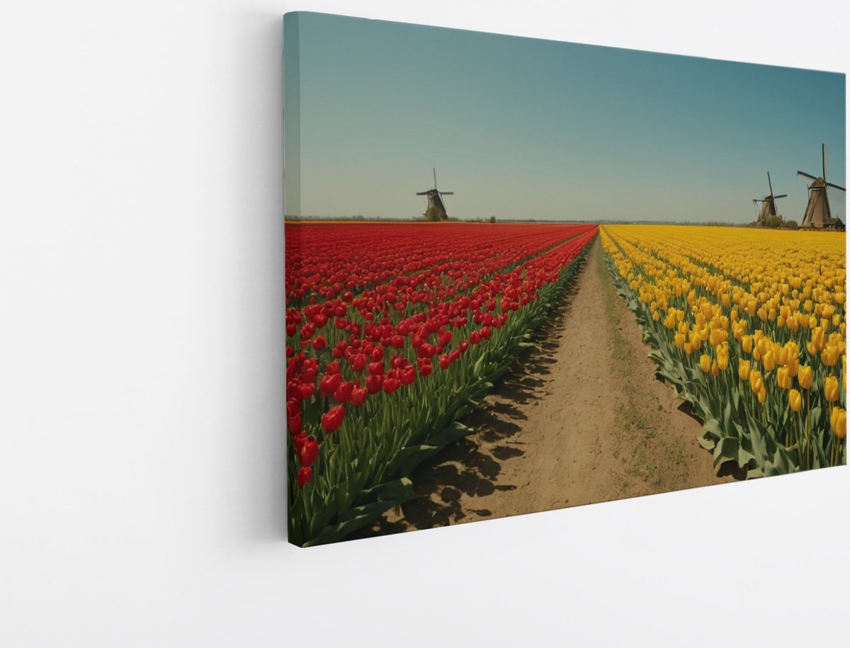 Saammp Canvas Schilderij - Landschap - Rode en gele tulpen- Natuur - 60x40 - Foto op canvas - Wanddecoratie - Muurdecoratie Woonkamer - Slaapkamer decoratie - Canvas Print Multicolor