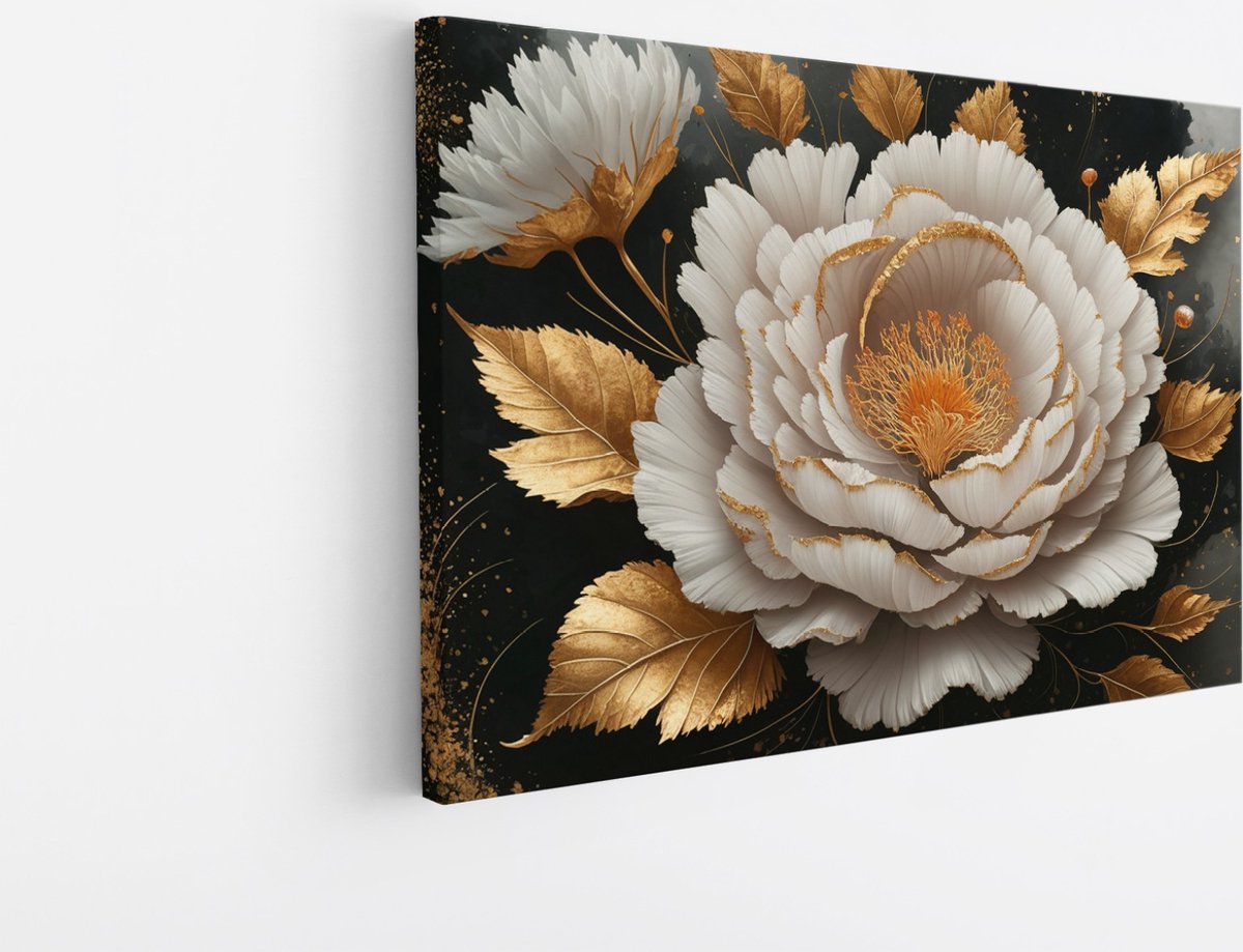 Saammp Canvas Schilderij - Witte Bloem - Goud - Zwart - Abstract - 60x40 - Foto op canvas - Wanddecoratie - Muurdecoratie Woonkamer - Kantoor Decoratie Multicolor