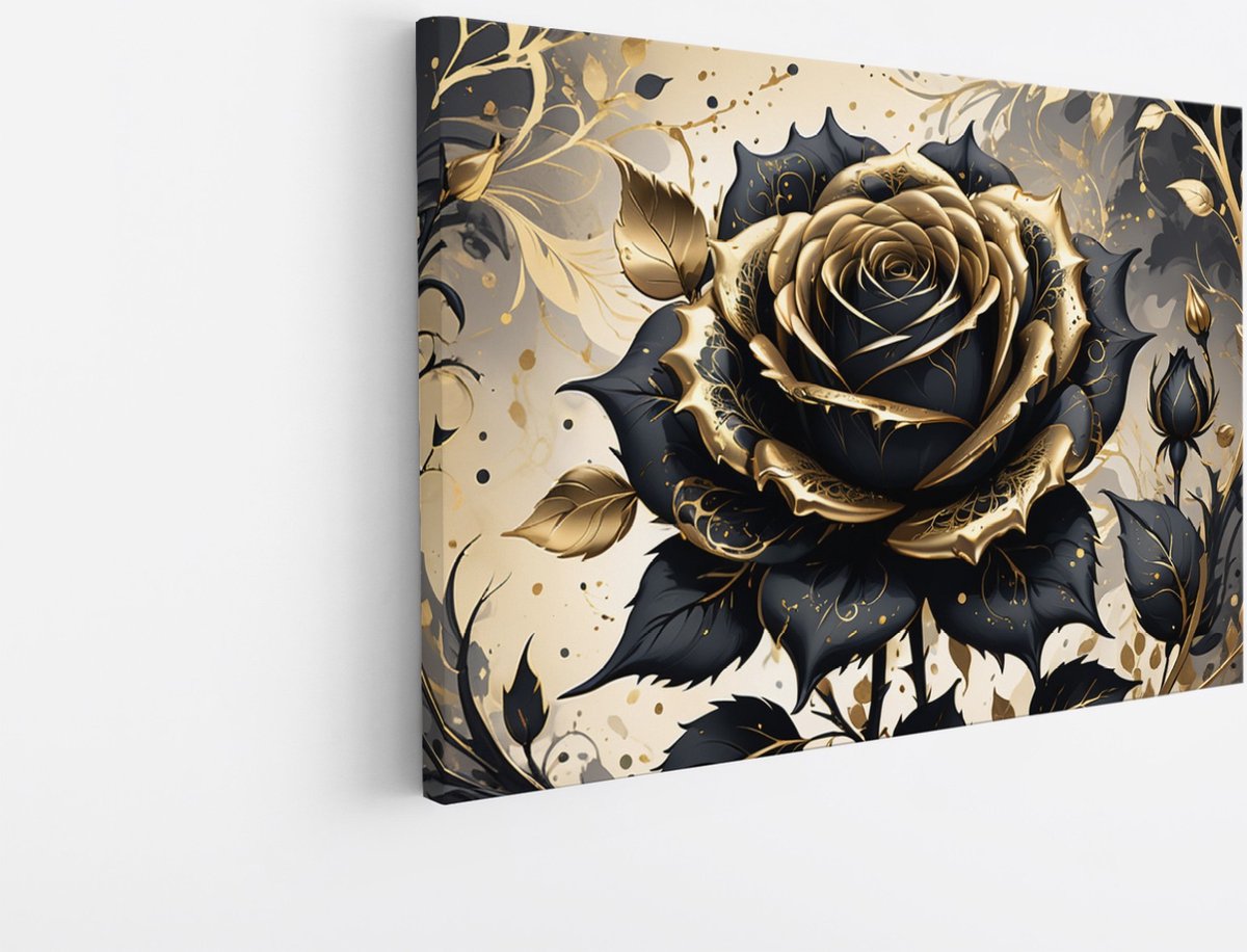 Saammp Canvas Schilderij - Luxe Zwarte en Gouden Roos - Natuur - Abstract - 70x50 - Foto op canvas - Wanddecoratie - Muurdecoratie Woonkamer - Kantoor Decoratie Multicolor