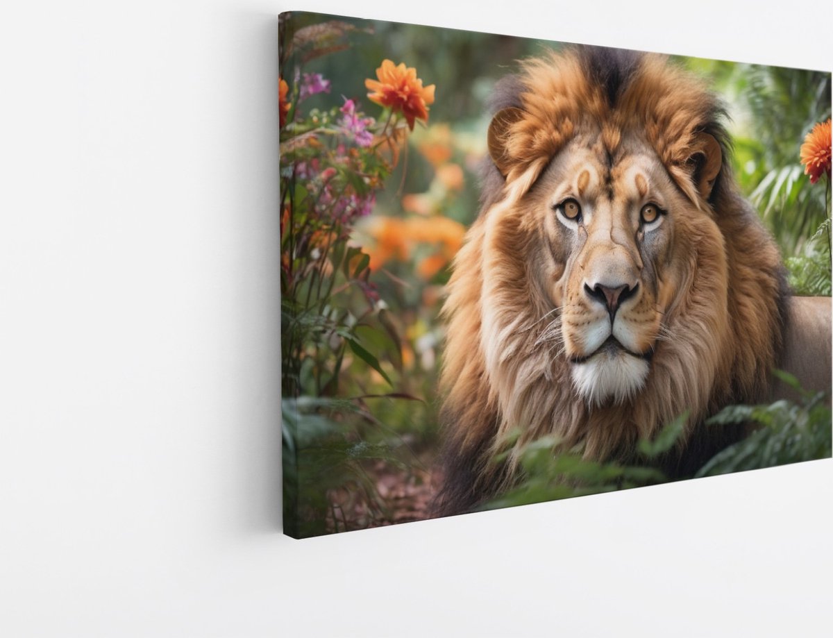 Saammp Canvas Schilderij - Leeuw tussen de oranje bloemen - Natuur - Dieren - 30x20 - Foto op canvas - Wanddecoratie - Muurdecoratie Woonkamer - Slaapkamer decoratie - Canvas Print Multicolor