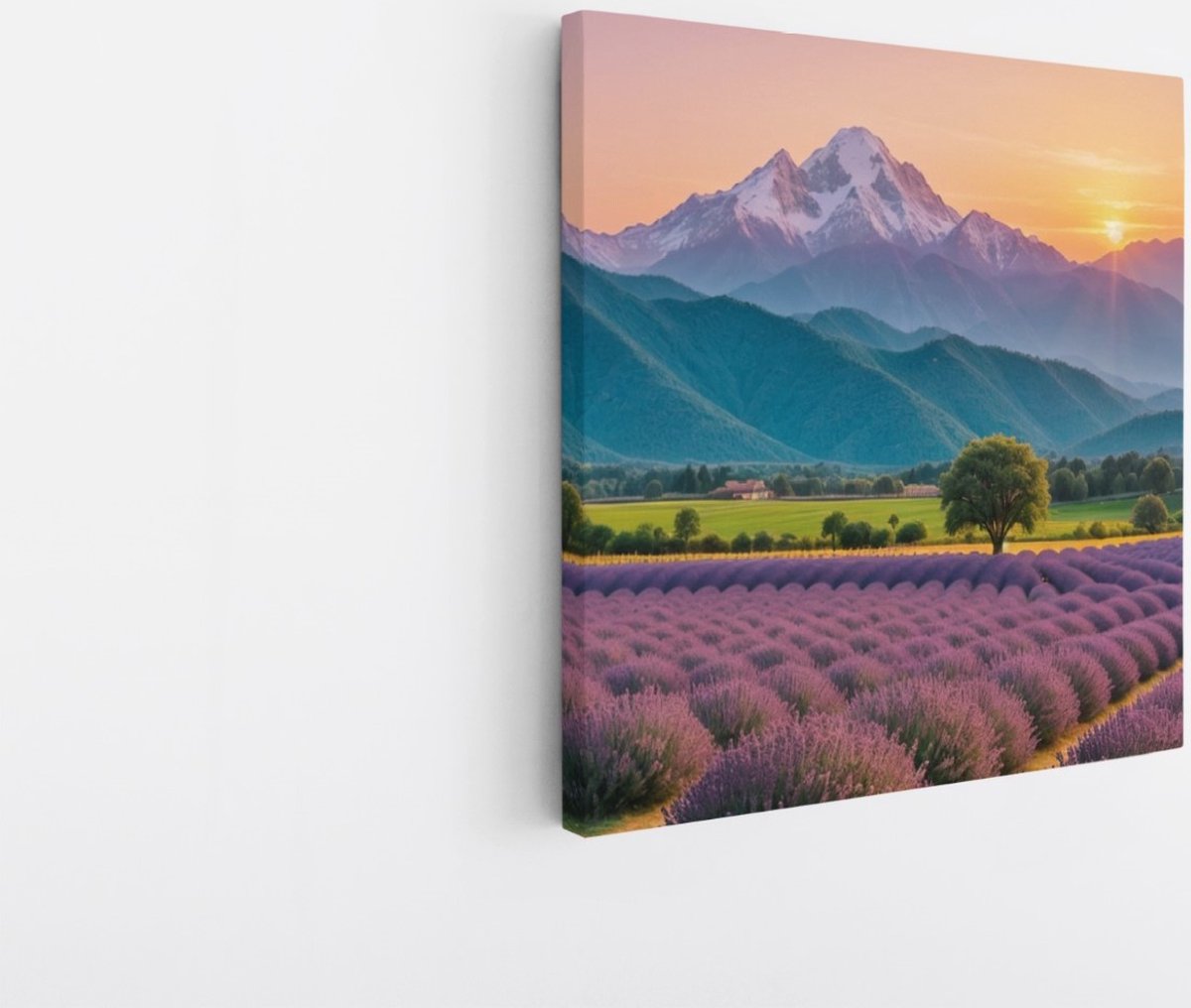 Saammp Canvas Schilderij - Bloemen - Lavendel met bergachtig landschap - Natuur - 100x100 - Foto op canvas - Wanddecoratie - Muurdecoratie Woonkamer - Slaapkamer decoratie - Canvas Print Multicolor