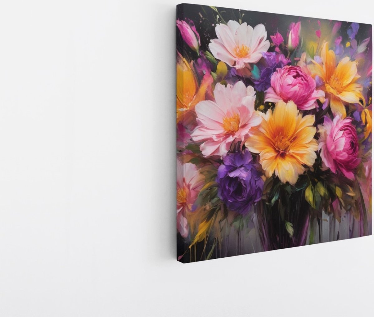Saammp Canvas Schilderij - Abstracte bloemen in vaas - kleurrijk - Natuur - 60x60 - Foto op canvas - Wanddecoratie - Muurdecoratie Woonkamer - Kantoor Decoratie Multicolor